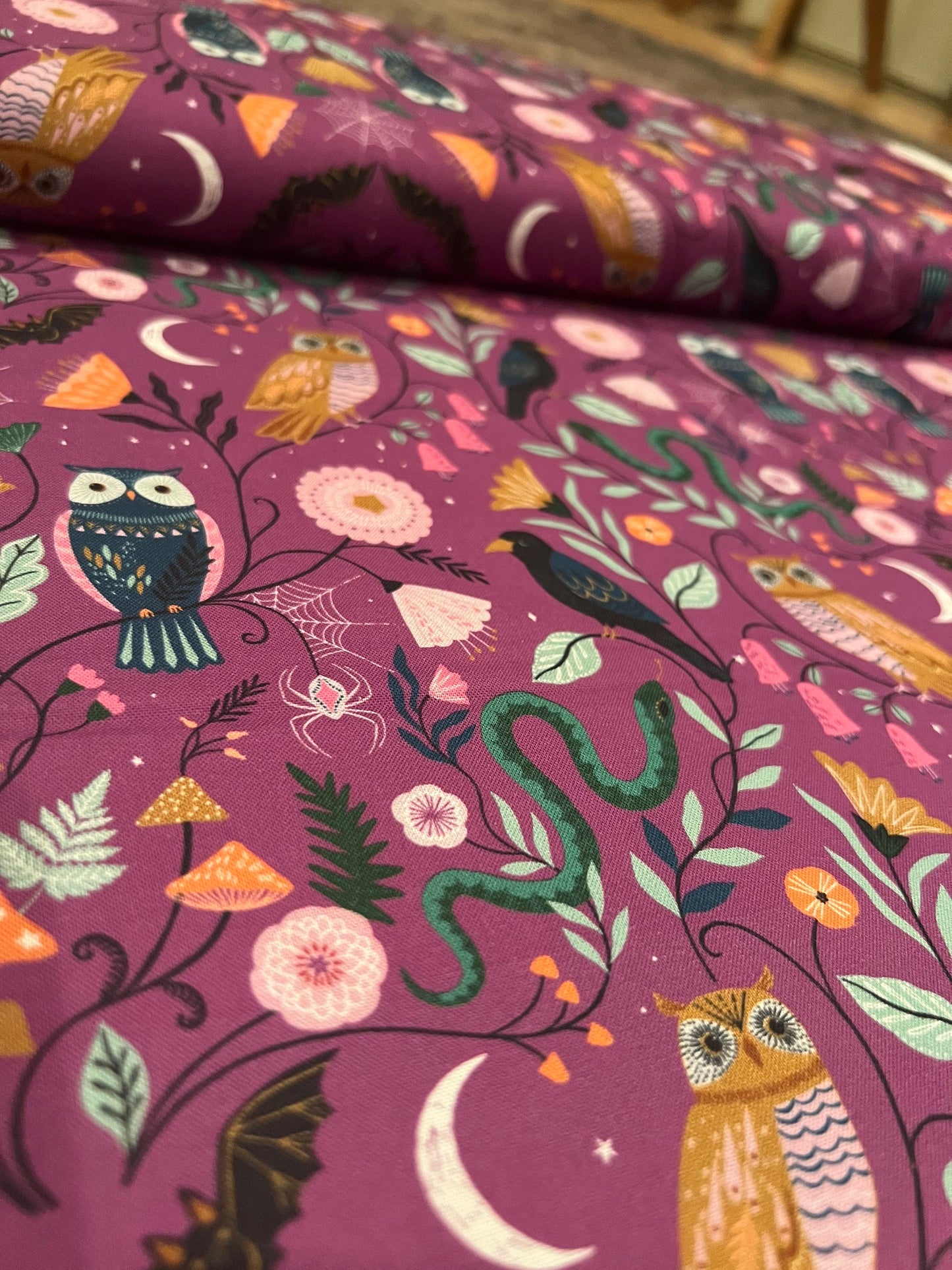 twilight-halloween-fabric-twil-2114-dashwood-studios-cotton-fabric-halloween-creatures-owl-fabric-on-purple