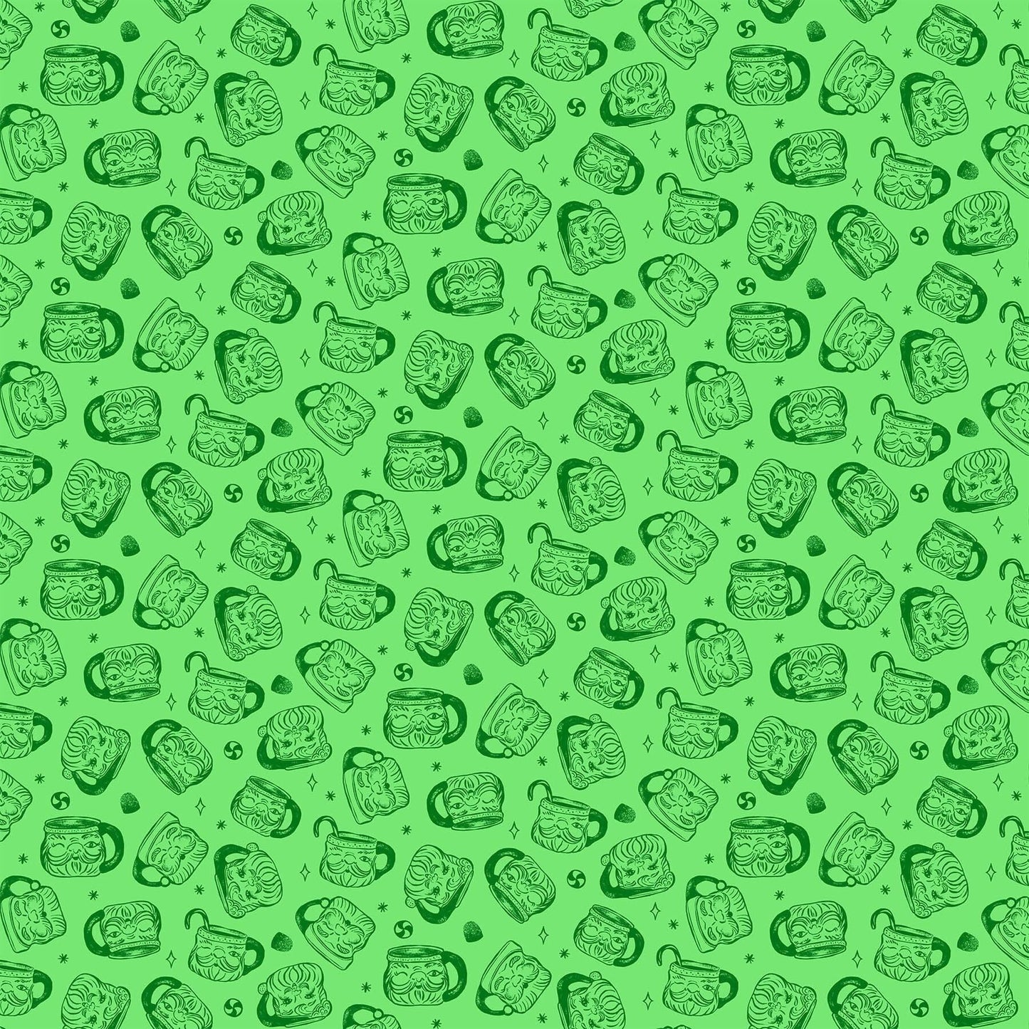 Merry Kitschmas 90668-70 Green Santa mugs Figo Fabrics Holiday Christmas fabric green santa vintage santa Christmas holiday tradition