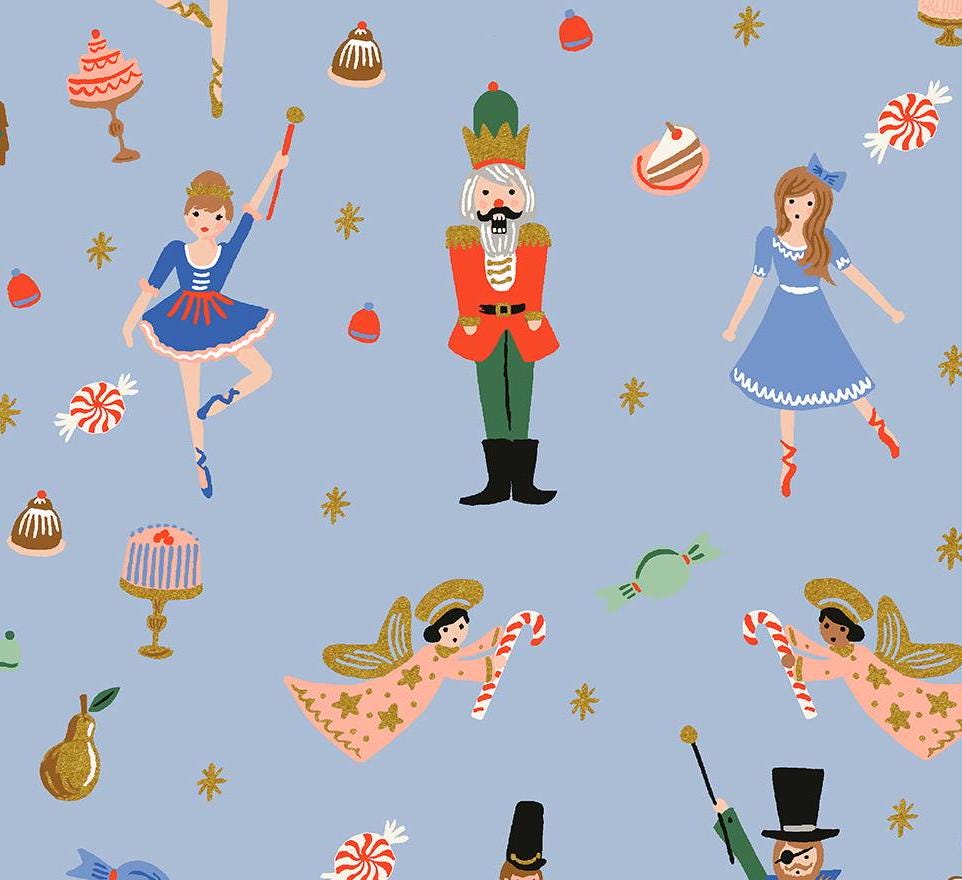 Holiday Classics Rifle Paper Christmas collection holiday fabric the nutcracker fabric on periwinkle ballerina nutcracker fabric RP606-PB2M