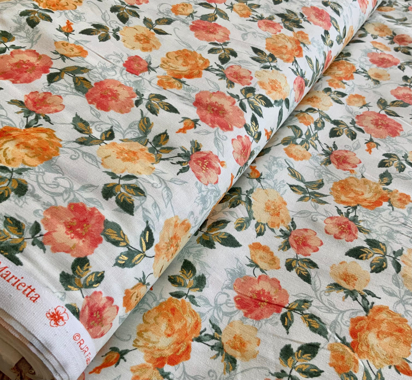 orange-metallic-floral-fabric-summer-rose-cotton-quilting