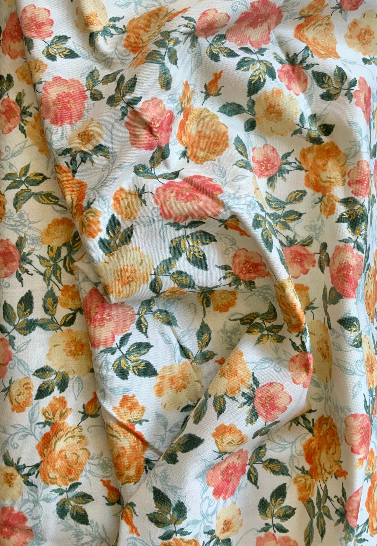 orange-metallic-floral-fabric-summer-rose-cotton-quilting
