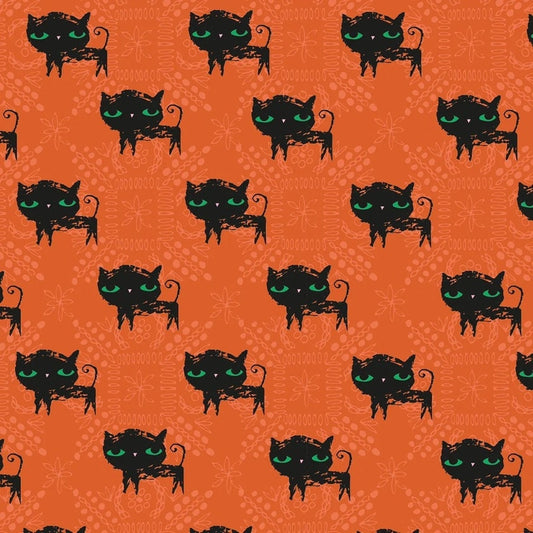 black-cats-halloween-fabric-orange-fall-holiday-cotton