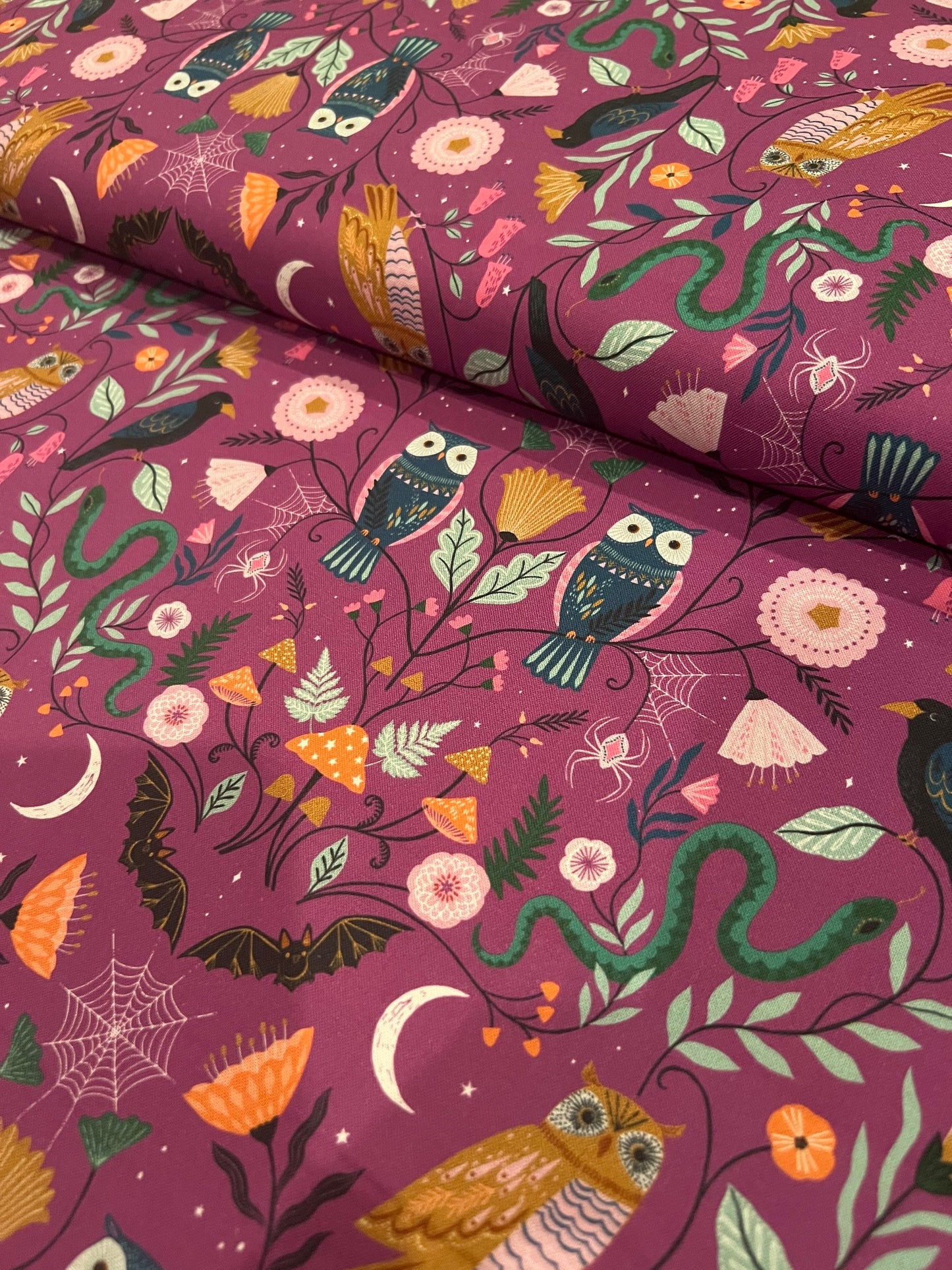 twilight-halloween-fabric-twil-2114-dashwood-studios-cotton-fabric-halloween-creatures-owl-fabric-on-purple