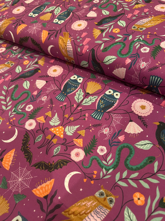 twilight-halloween-fabric-twil-2114-dashwood-studios-cotton-fabric-halloween-creatures-owl-fabric-on-purple