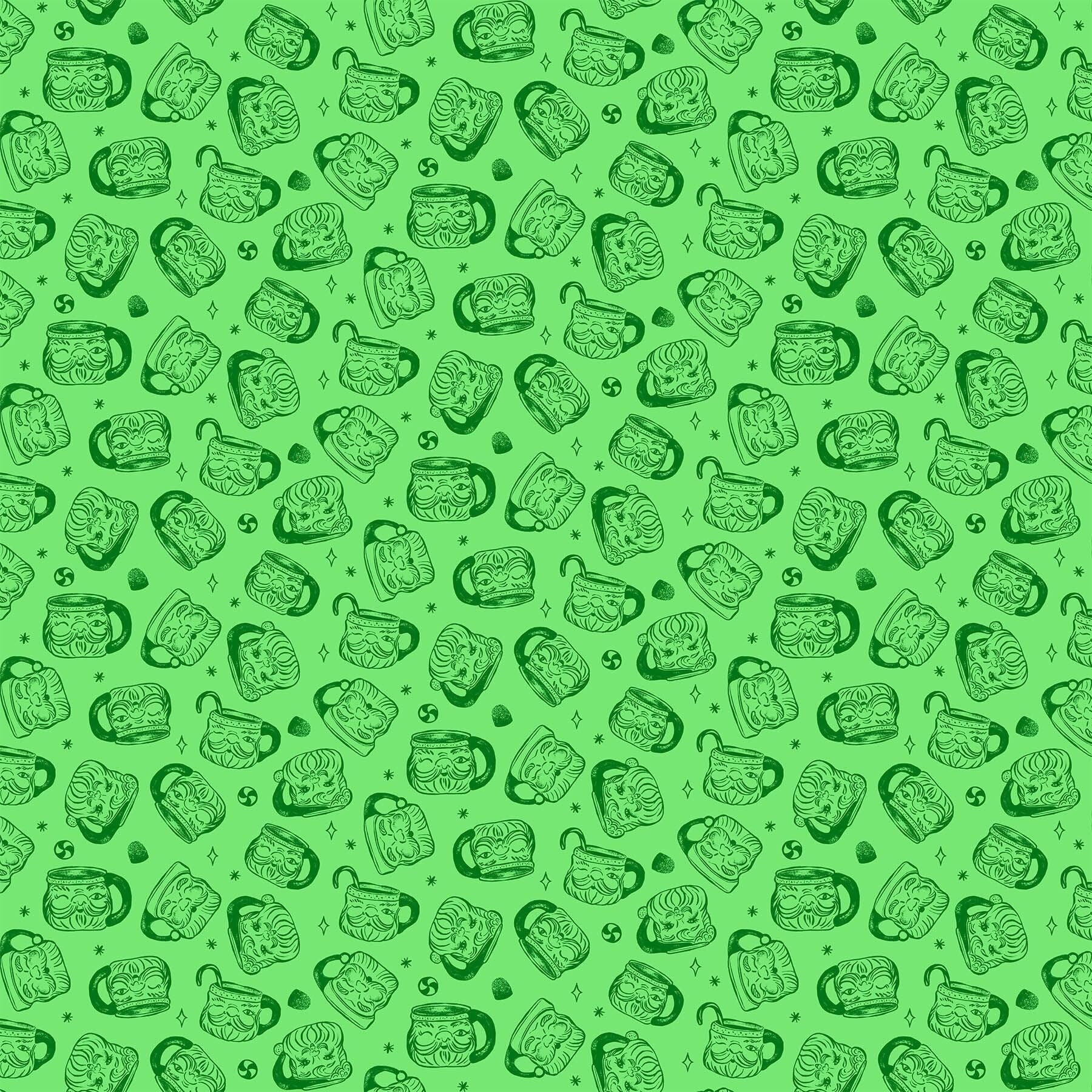 Merry Kitschmas 90668-70 Green Santa mugs Figo Fabrics Holiday Christmas fabric green santa vintage santa Christmas holiday tradition