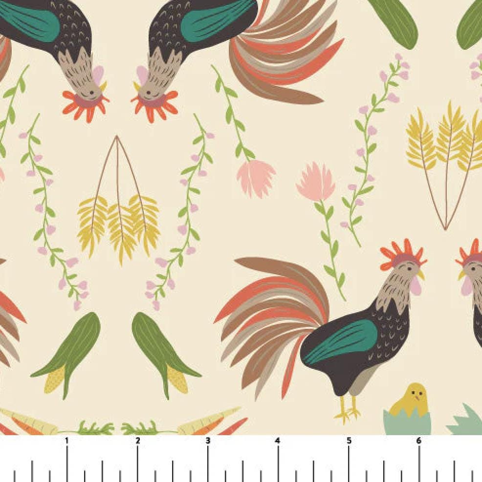 chicken-scratch-fabric-barnyard-roosters-floral-quilting-cotton
