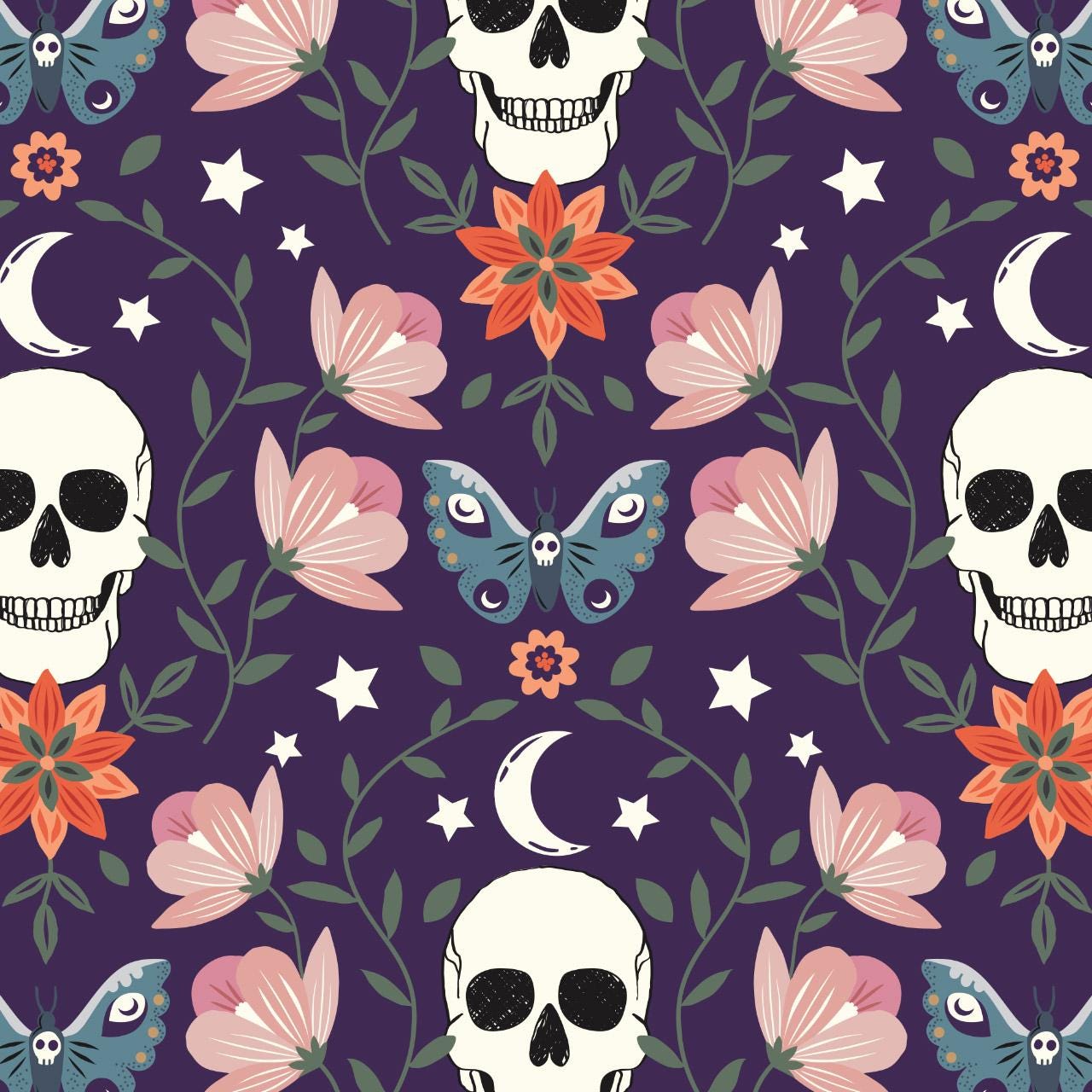 halloween-skulls-cotton-fabric-purple-floral-spiderweb-print