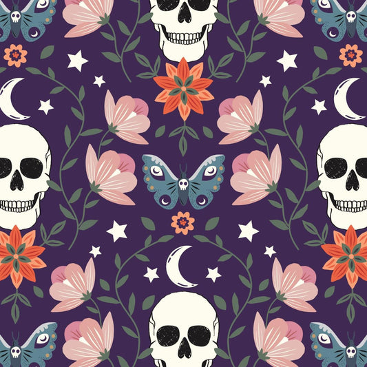 halloween-skulls-cotton-fabric-purple-floral-spiderweb-print