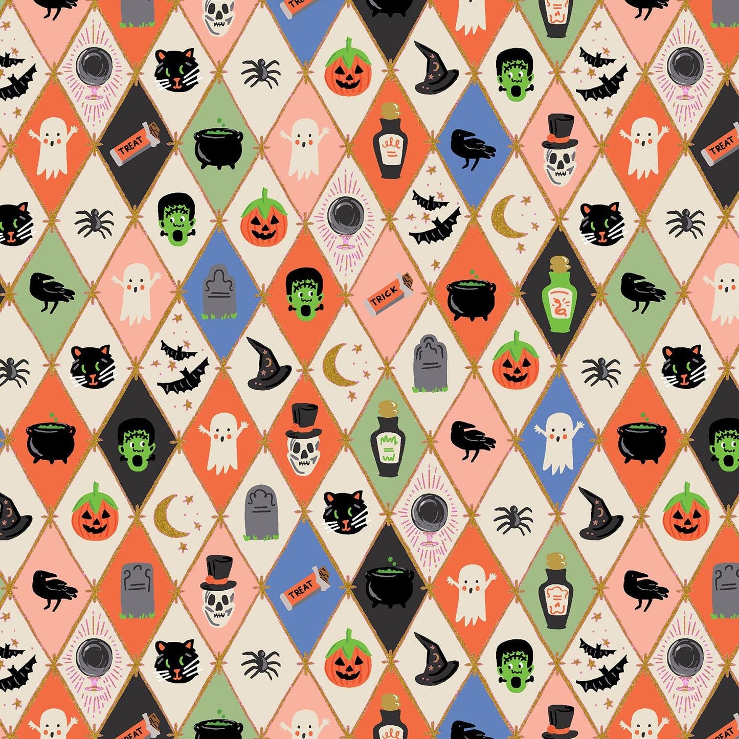 halloween-fabric-halloween-argyle-multi-metallic-gold-metallic-fabric-rifle-paper-co-halloween-ii-fabric-vintage-halloween