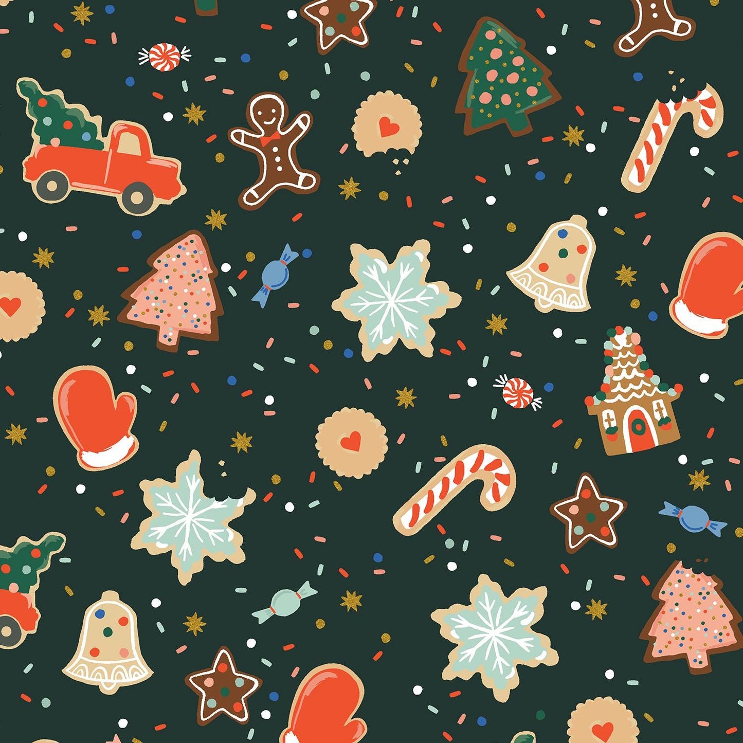 holiday-classics-christmas-cookies-evergreen-metallic-fabric-holiday-traditions-gingerbread-cookies-holiday-classics-iii-quilting-cotton